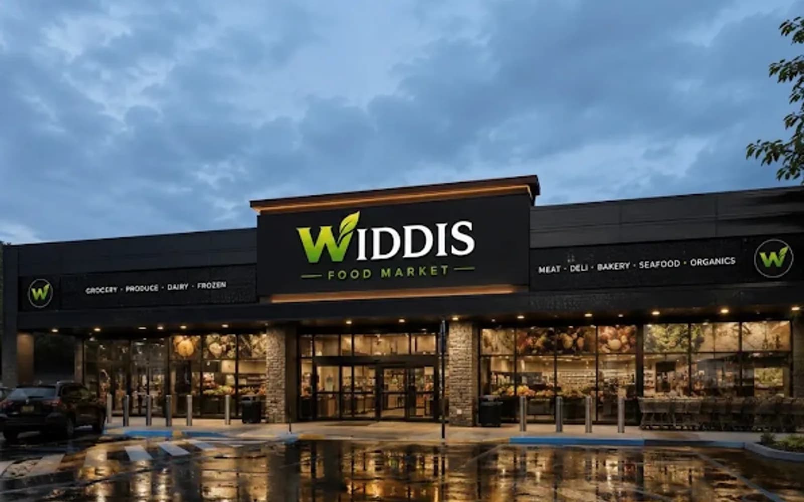 Widdis Food Market storefront at dusk